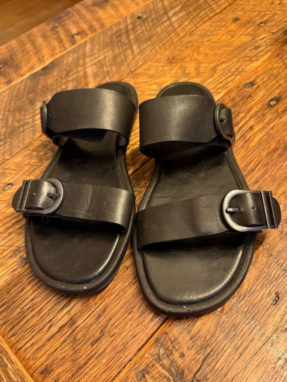 Minimalist Black Double Strap Buckle Sandals by Splendid